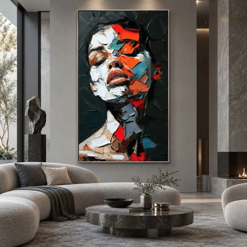 Sussurro Astratto quadro moderno su tela con cornice argento di un volto femminile astratto nei toni rosso, nero, bianco e azzurro per soggiorno moderno