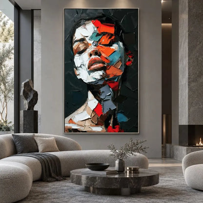 Sussurro Astratto quadro moderno su tela con cornice argento di un volto femminile astratto nei toni rosso, nero, bianco e azzurro per soggiorno moderno