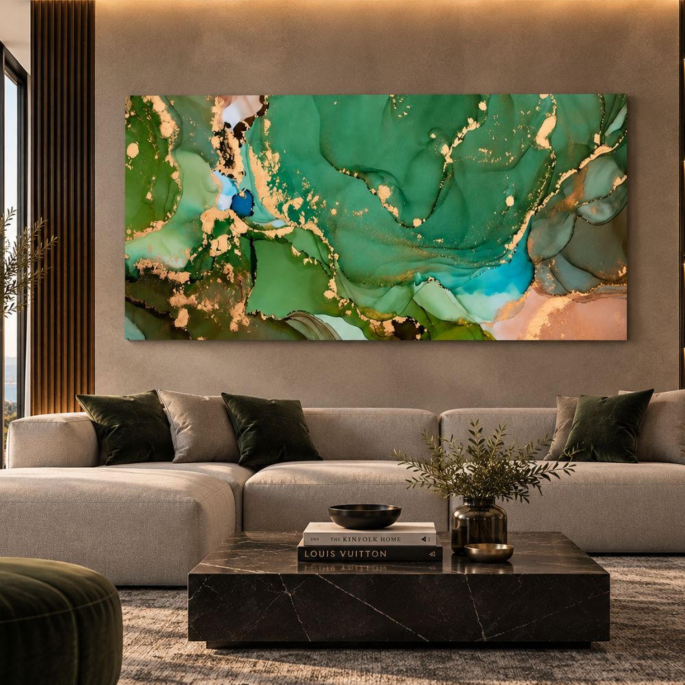 Quadro Verde Marmo Etereo astratto verde con venature dorate, stampa su tela elegante in soggiorno moderno