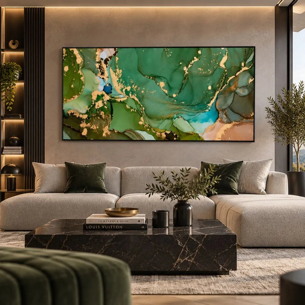 Quadro Verde Marmo Etereo astratto verde con venature dorate, stampa su tela elegante in soggiorno moderno con cronice nera minimal