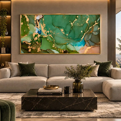 Quadro Verde Marmo Etereo astratto verde con venature dorate, stampa su tela elegante in soggiorno moderno con cronice oro minimal