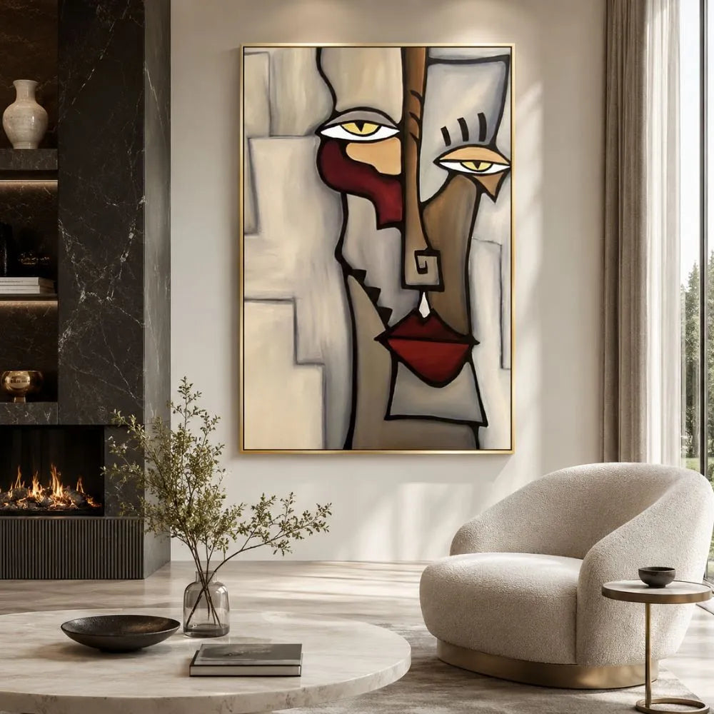 Quadro su tela Volto Astratto di P. Picasso con ritratto cubista, colori neutri e cornice nera minimal in soggiorno moderno