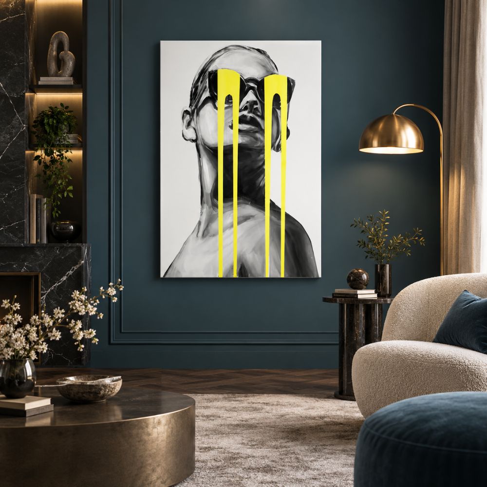 Woman Pop Art quadro moderno su tela con ritratto femminile bianco e nero e dettagli gialli per soggiorno moderno