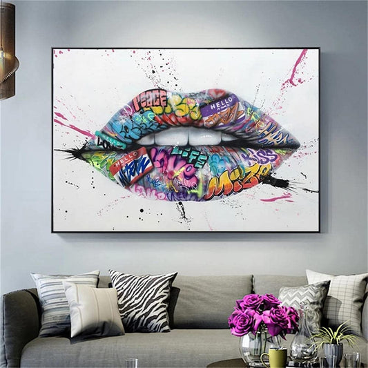 Quadro “Lips Graffiti”: labbro che si morde in colori vivaci su sfondo bianco su tela.