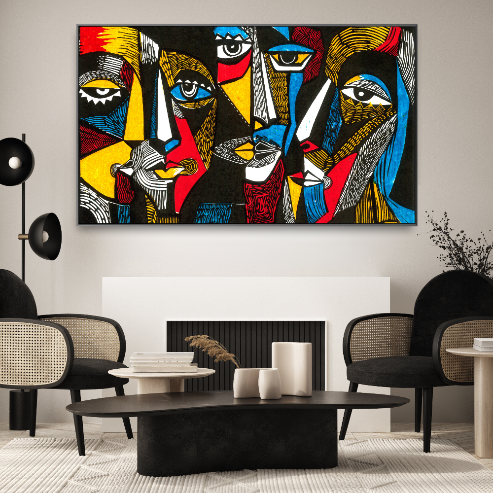 Quadro Facce Astratte, un dipinto che esplora l'arte contemporanea con forme e colori unici, ideale per arredare spazi dinamici e creativi.