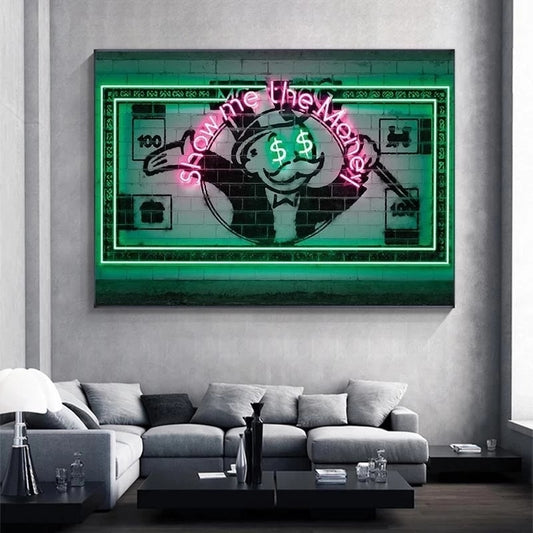 Quadro “Show Me the Money Neon”: grafica neon con la scritta “Show Me the Money” e motivi legati al denaro su tela.