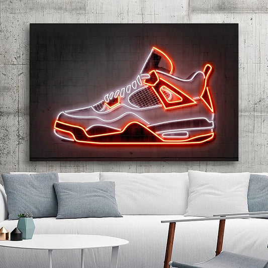 Quadro “Sneakers Neon”: profilo di una sneaker con lineamenti effetto neon rosso e bianco su sfondo chiaro; nessuna luce LED presente.