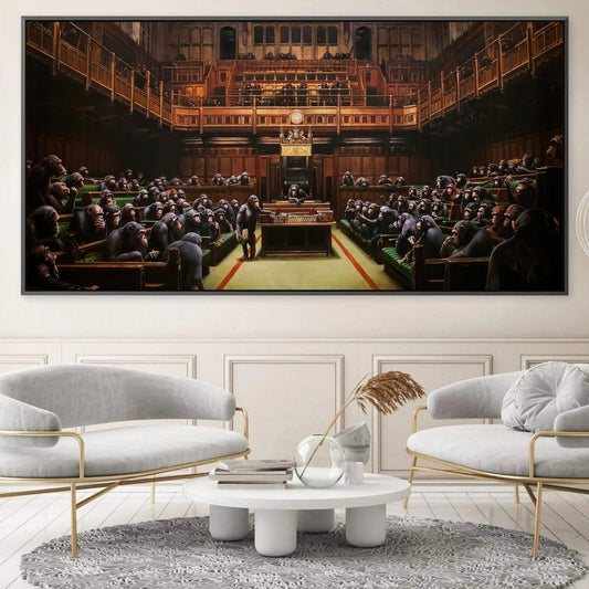 Quadro Monkey Parliament di Banksy, un'opera d'arte che rappresenta una critica sociale con scimmie in una riunione parlamentare, ideale per un tocco di provocazione.